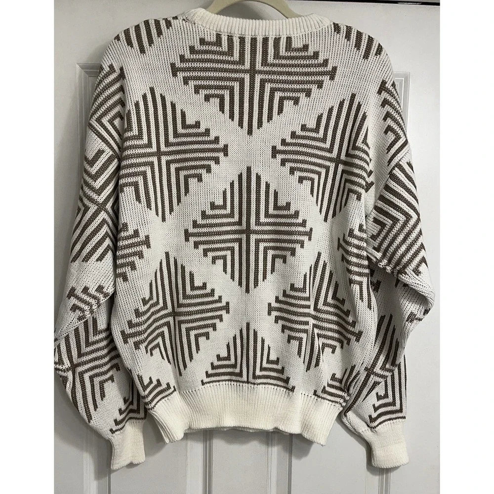 80s 90s Jean Michaud Sweater All Over Print White Brown XL NWT Knit